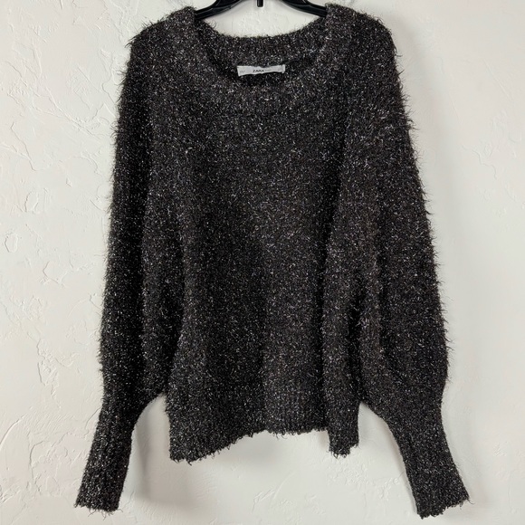 Zara Sweater Pullover Sweatshirt Crew‎ Neck Metallic Shimmer Knit Black Dark Top - Picture 1 of 8